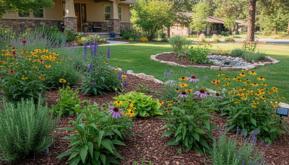 Organic landscape beds with native plants and natural mulch in sustainable Flagstaff, AZ garden design