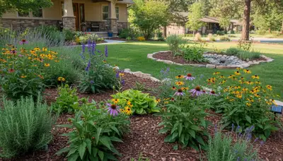 Organic landscape beds with native plants and natural mulch in sustainable Flagstaff, AZ garden design