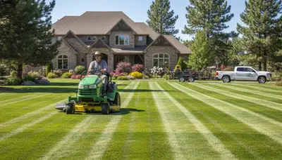 Commercial mower creating precise lawn striping during professional lawn mowing in Flagstaff, AZ