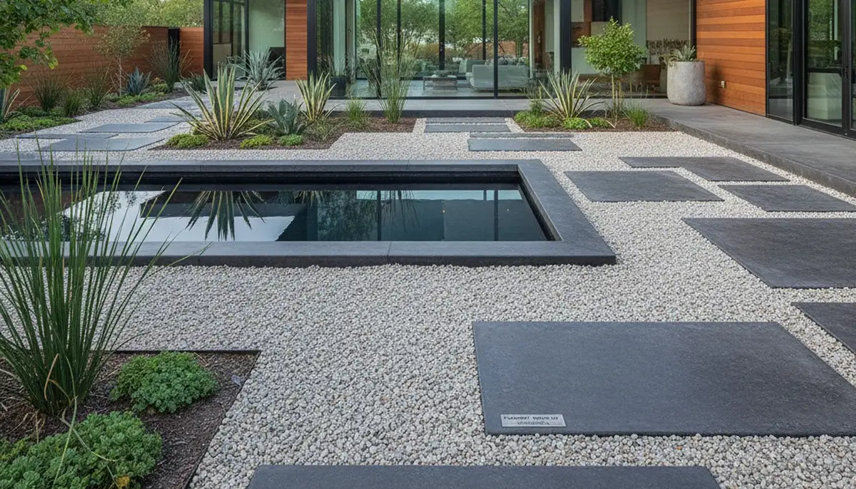 Modern pea gravel landscape with clean lines and plants in Flagstaff, AZ by Chop Chop Landscaping