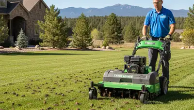 Professional core aerator machine performing lawn aeration on residential turf in Flagstaff, AZ