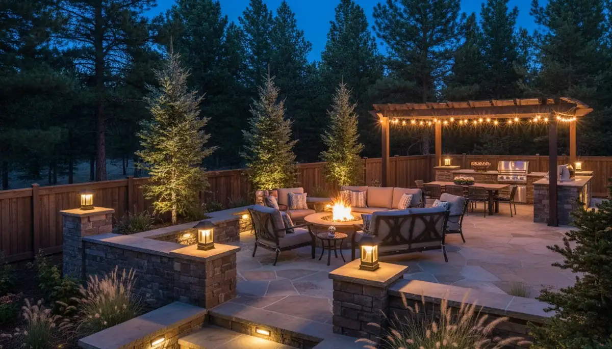 Evening deck and patio lighting installation by Chop Chop Landscaping in Flagstaff, AZ