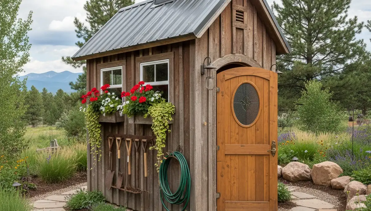 Decorative garden shed installation in Flagstaff, AZ with custom landscaping and architectural details