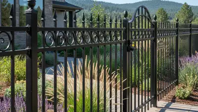 Black ornamental metal fence installation by Chop Chop Landscaping in Flagstaff, AZ