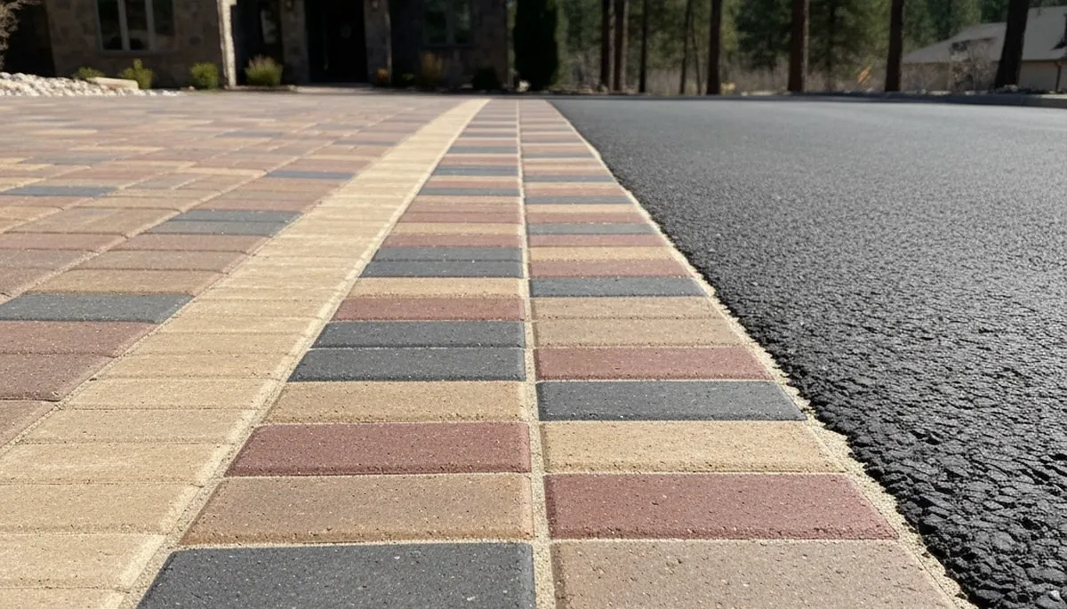 Decorative paver border with soldier course edging on driveway by Chop Chop Landscaping in Flagstaff, AZ