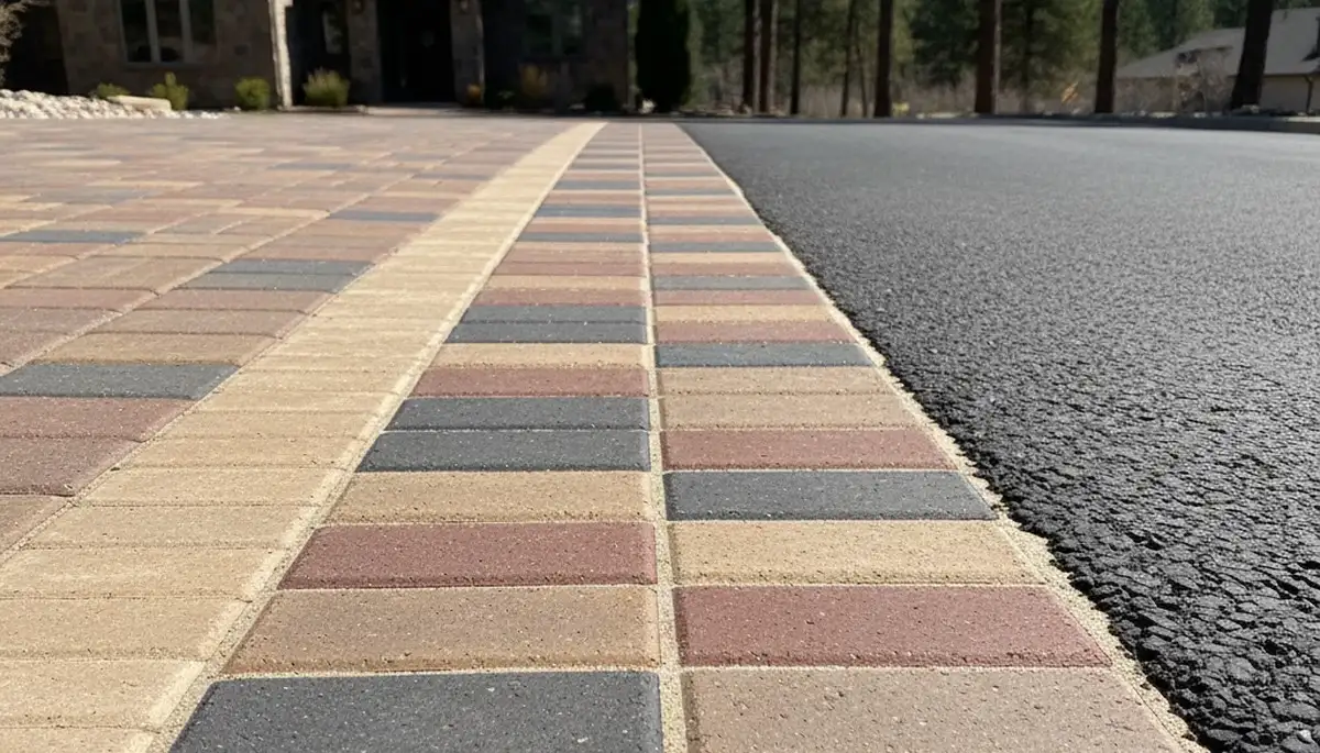 Decorative paver border with soldier course edging on driveway by Chop Chop Landscaping in Flagstaff, AZ