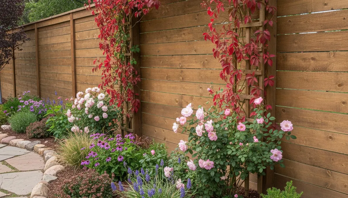Fence with landscaped beds and climbing plants in Flagstaff, AZ by Chop Chop Landscaping