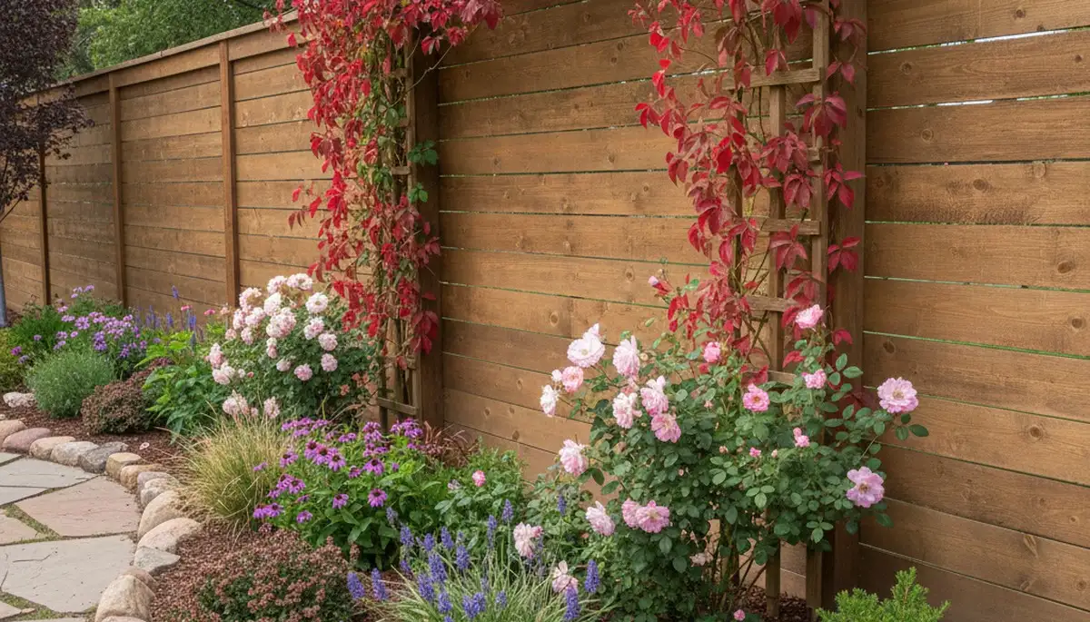 Fence with landscaped beds and climbing plants in Flagstaff, AZ by Chop Chop Landscaping