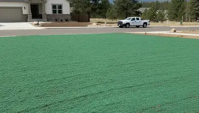Freshly applied hydroseed coating soil with uniform green layer in Flagstaff, AZ landscaping project