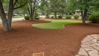 Fresh mulch installation with clean edges and rich color by landscaping pros in Flagstaff, AZ