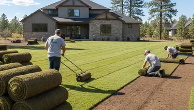 Professional sod installation with fresh green rolls in Flagstaff AZ by Chop Chop Landscaping