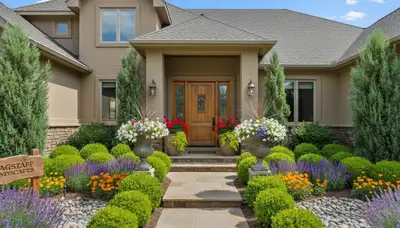 Front yard landscape design with colorful shrubs and flowers by Chop Chop Landscaping in Flagstaff, AZ