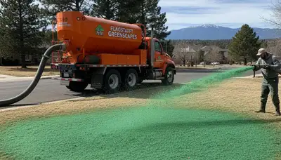 Hydroseeder truck spraying green slurry for new lawn installation in Flagstaff, AZ landscaping project