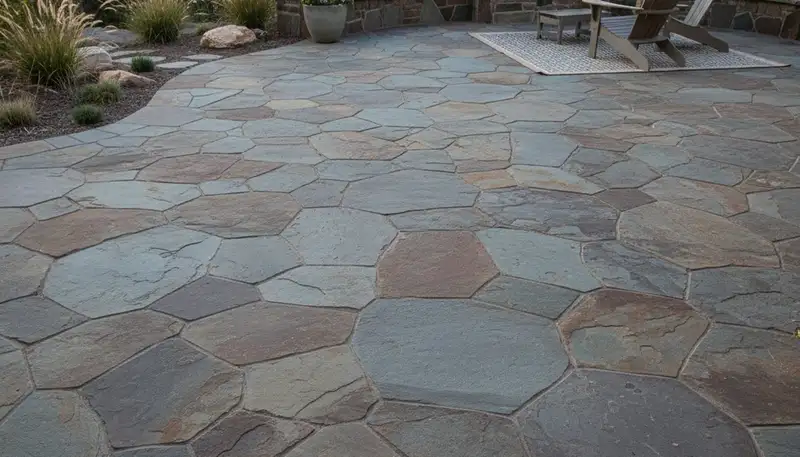 Modern large stone slab patio installation by landscaping experts in Flagstaff, AZ