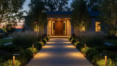 Illuminated walkway with path lights at dusk showcasing professional landscape lighting in Flagstaff, AZ