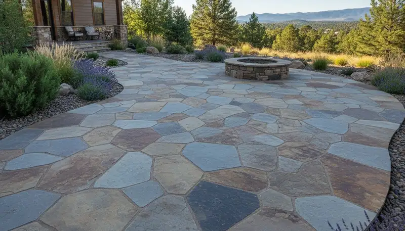 Flagstone patio with natural stone pavers installed by Chop Chop Landscaping in Flagstaff, AZ