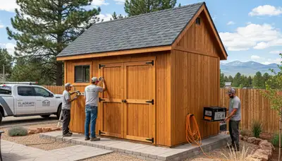 New backyard shed installation in Flagstaff AZ by landscaping professionals with solid foundation