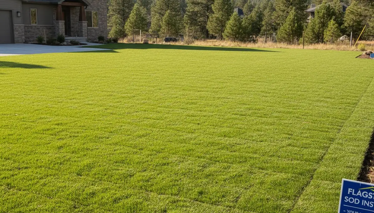 Fresh sod installation creating lush green lawn in Flagstaff AZ by professional landscaping experts