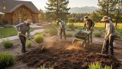 Applying organic compost and soil amendments to landscape beds in Flagstaff, AZ