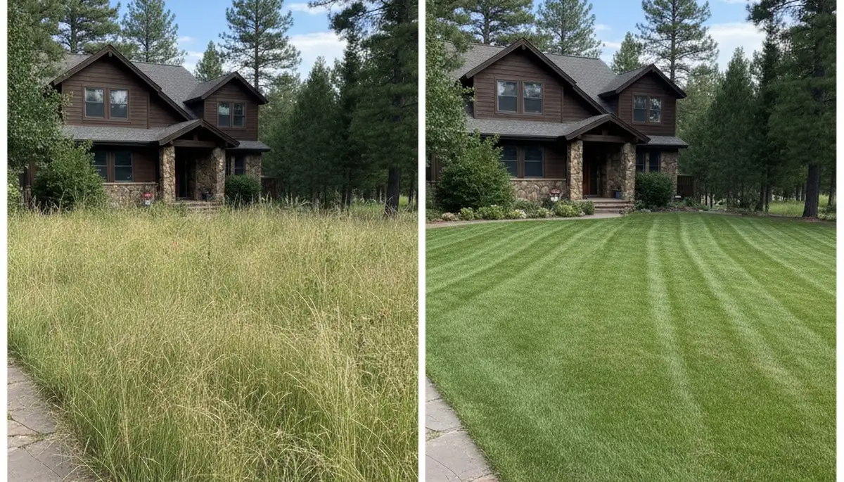 Before and after lawn mowing transformation by Chop Chop Landscaping in Flagstaff, AZ