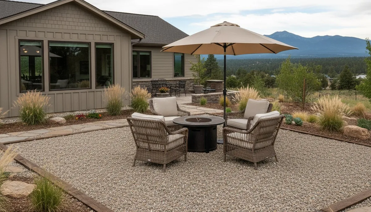 Professional pea gravel patio installation in Flagstaff AZ with smooth surface and defined landscape edging