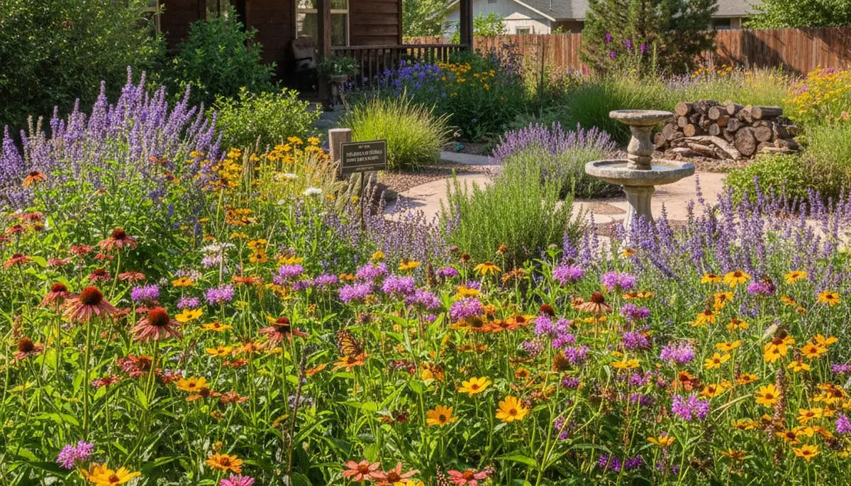 Pollinator-friendly native garden with bees and butterflies by organic landscapers in Flagstaff, AZ