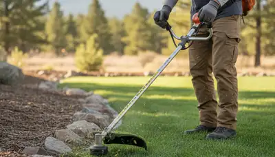 Technician performing precision lawn edging with string trimmer in Flagstaff, AZ landscaping service