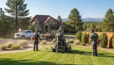 Professional lawn maintenance crew mowing and edging residential yard in Flagstaff, AZ