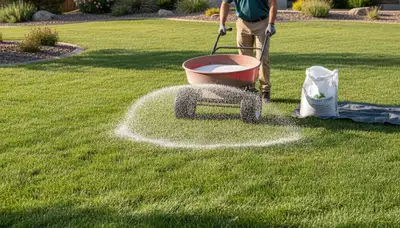 Lawn care technician applying fertilizer with spreader on residential turf in Flagstaff, AZ
