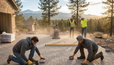 Professional landscapers installing driveway pavers in Flagstaff AZ with precise leveling and base prep