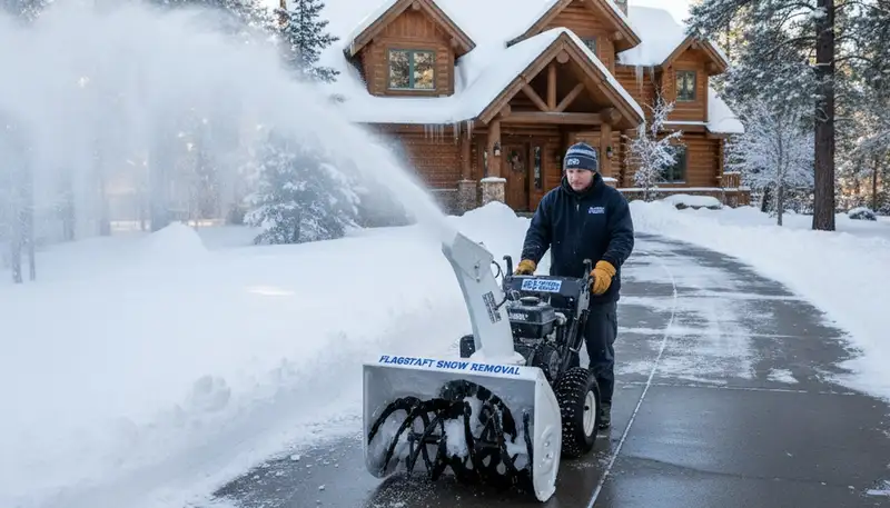 Professional snow blower clearing residential driveway snow in Flagstaff, AZ by Chop Chop Landscaping