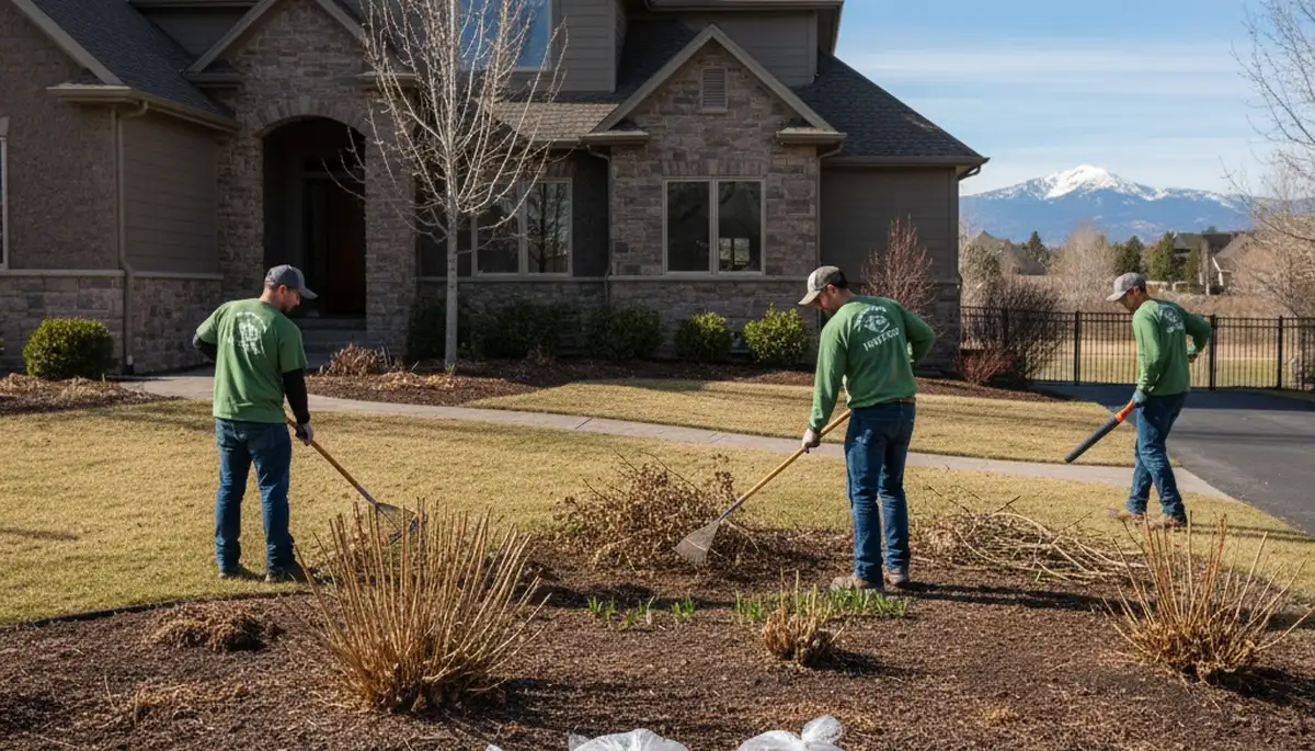 Spring yard cleanup with debris removal and pruning by landscaping team in Flagstaff, AZ