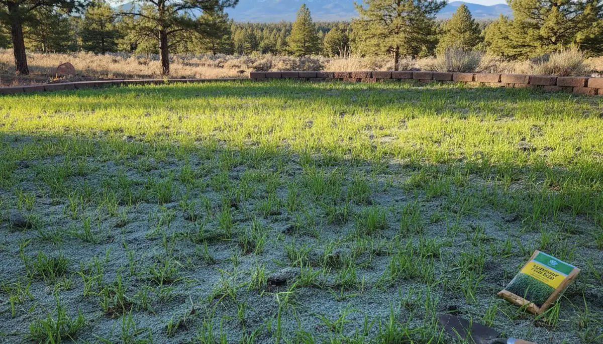 Hydroseeded lawn sprouting lush green grass seedlings in Flagstaff, AZ by Chop Chop Landscaping