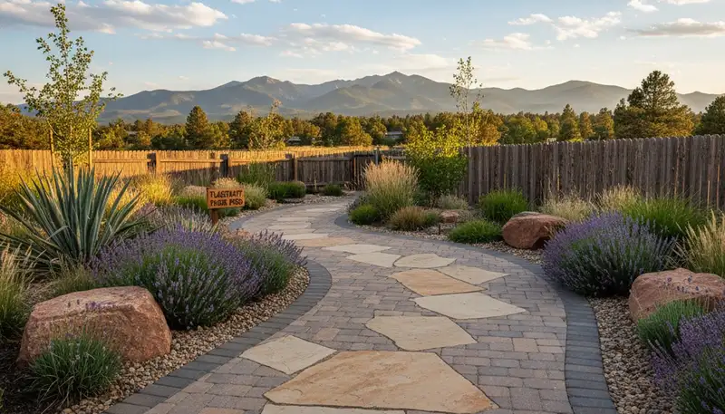 Stone paver pathway through landscaped yard in Flagstaff, AZ by Chop Chop Landscaping