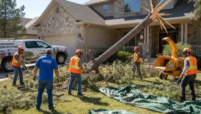 Storm damage debris cleanup by landscaping crew in Flagstaff, AZ restoring yards after severe weather