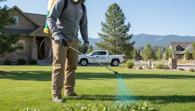 Lawn care specialist applying targeted weed control in residential yard, Flagstaff AZ