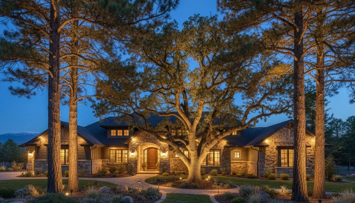 Landscape uplighting highlighting mature trees at night in Flagstaff, AZ by Chop Chop Landscaping