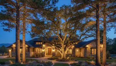 Landscape uplighting highlighting mature trees at night in Flagstaff, AZ by Chop Chop Landscaping